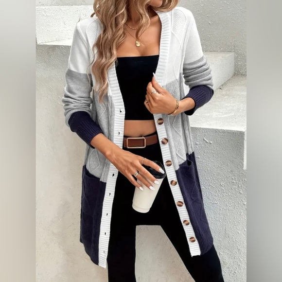 New Cozy Longline Cardigan Chunky Knit Colorblock Long Sleeves White Gray Navy - Picture 10 of 16